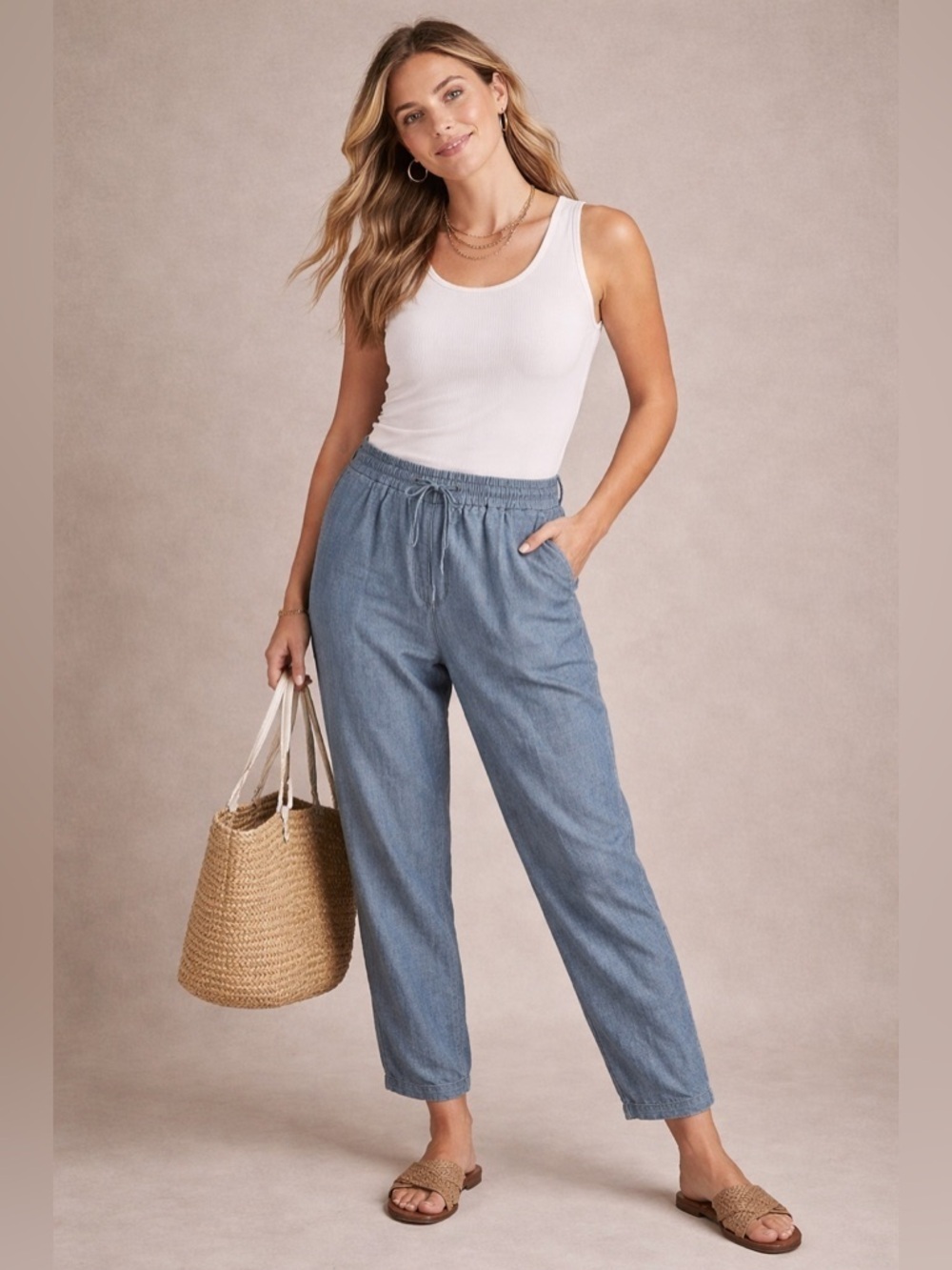 J.Crew Cotton Pull-On Ankle Pants Size 8 Blue Tapered Barrel Leg Coastal
